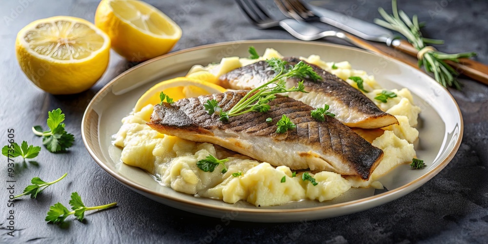 Pan fried sea bass fillets served with creamy mashed potatoes and caramelised lemon , Sea bass, fillets Pan fried sea bass fillets served with creamy mashed potatoes and caramelised lemon , Sea bass, fillets
