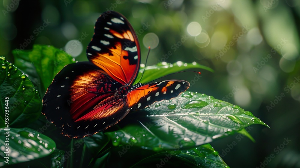 Obraz premium Vibrant Butterfly on a Dew-Covered Leaf
