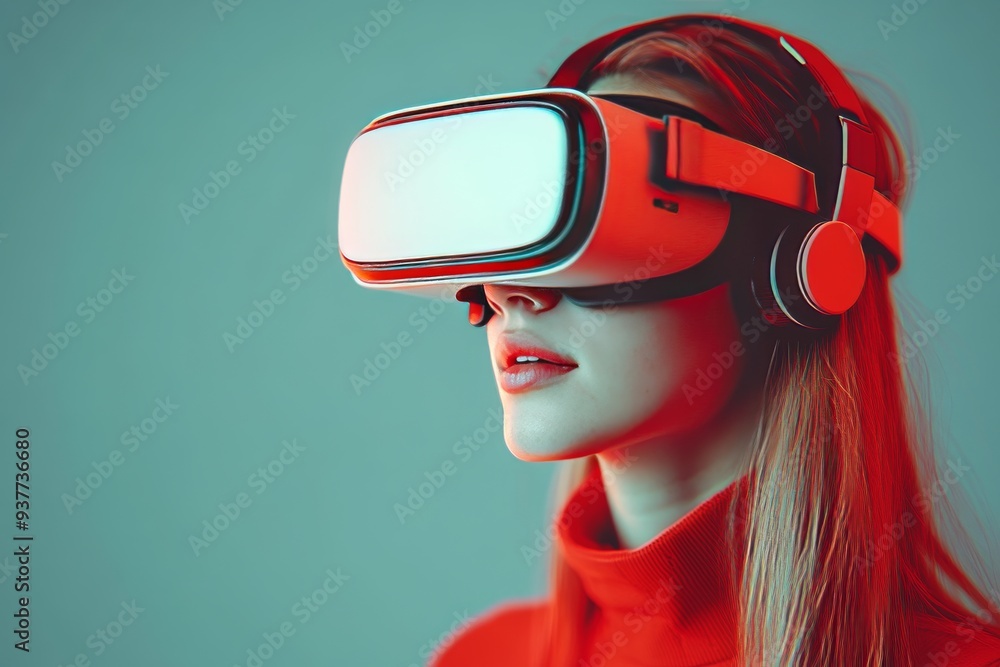 Close up of a woman in a VR headset with vibrant red light symbolizing the bold and dynamic experiences enabled by modern digital technology Close up of a woman in a VR headset with vibrant red light symbolizing the bold and dynamic experiences enabled by modern digital technology