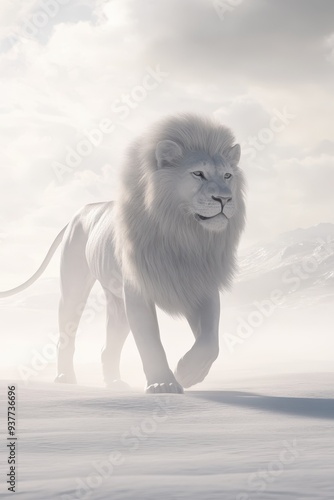 a white lion walking across a snowy field