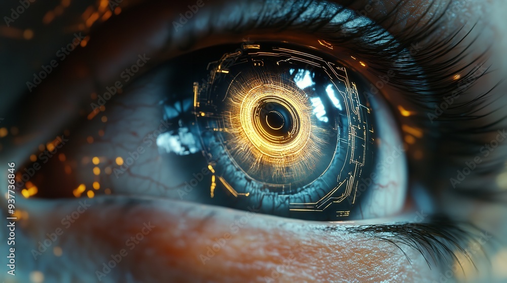 A close up of a person's eye. Cyborg enhancement, digital camera in the eye with electronic symbols around A close up of a person's eye. Cyborg enhancement, digital camera in the eye with electronic symbols around
