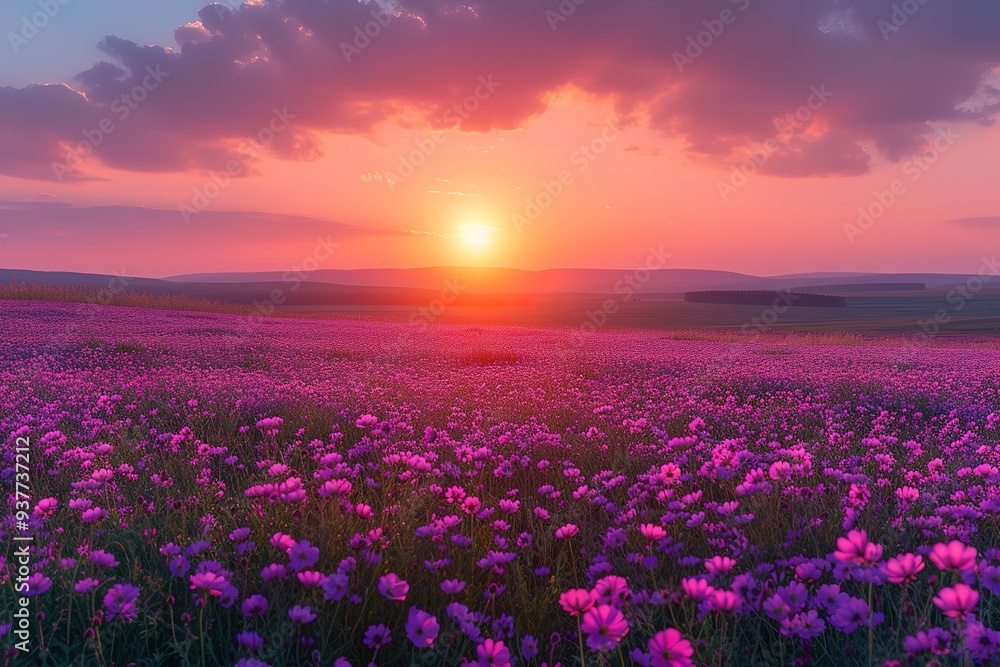 Beautiful panorama rural landscape with sunrise and blossoming meadow purple flowers flowering on spring field, Phacelia Beautiful panorama rural landscape with sunrise and blossoming meadow purple flowers flowering on spring field, Phacelia