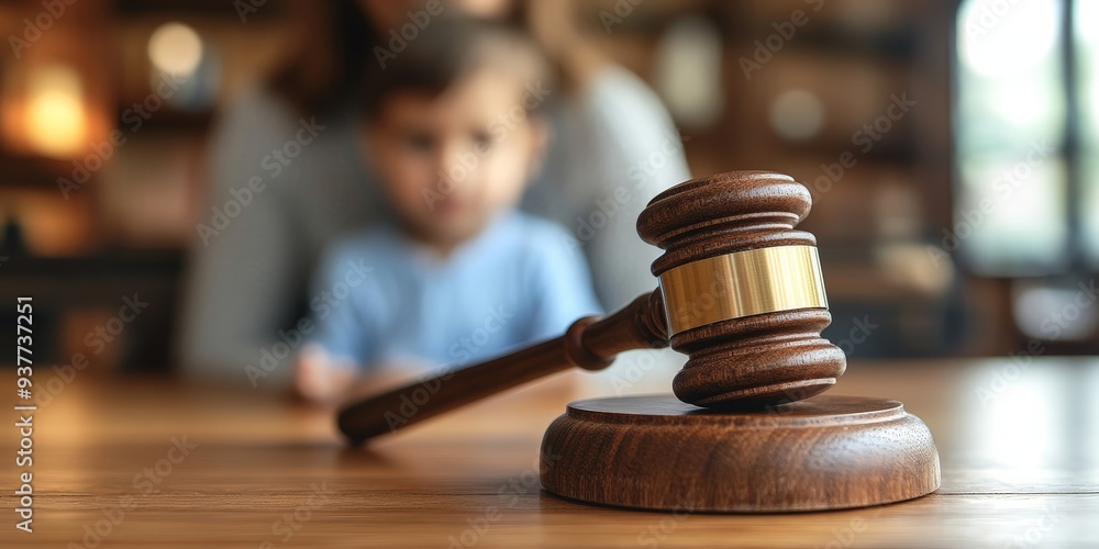 Judge's Hammer in Focus with Blurred Background of a Concerned Child Judge's Hammer in Focus with Blurred Background of a Concerned Child