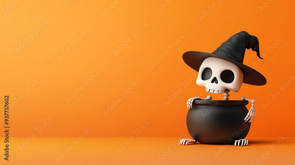 A whimsical skeleton in a witch hat sits beside a cauldron against a bright orange background, perfect for Halloween themes. A whimsical skeleton in a witch hat sits beside a cauldron against a bright orange background, perfect for Halloween themes.