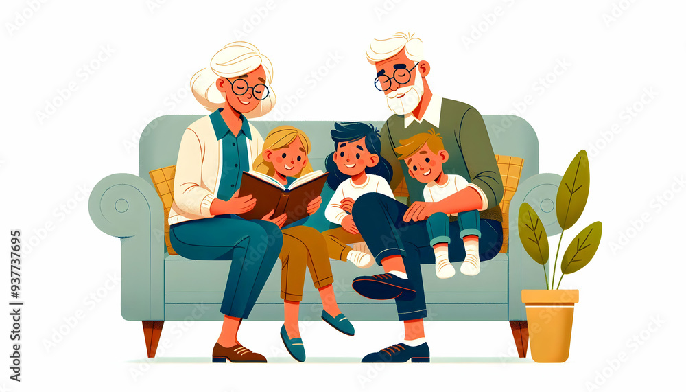 Grandparents Reading to Grandchildren on the Couch concept as A candid image of grandparents reading a storybook to their grandchildren on a cozy couch. The scene captures the attentive expressions of Grandparents Reading to Grandchildren on the Couch concept as A candid image of grandparents reading a storybook to their grandchildren on a cozy couch. The scene captures the attentive expressions of