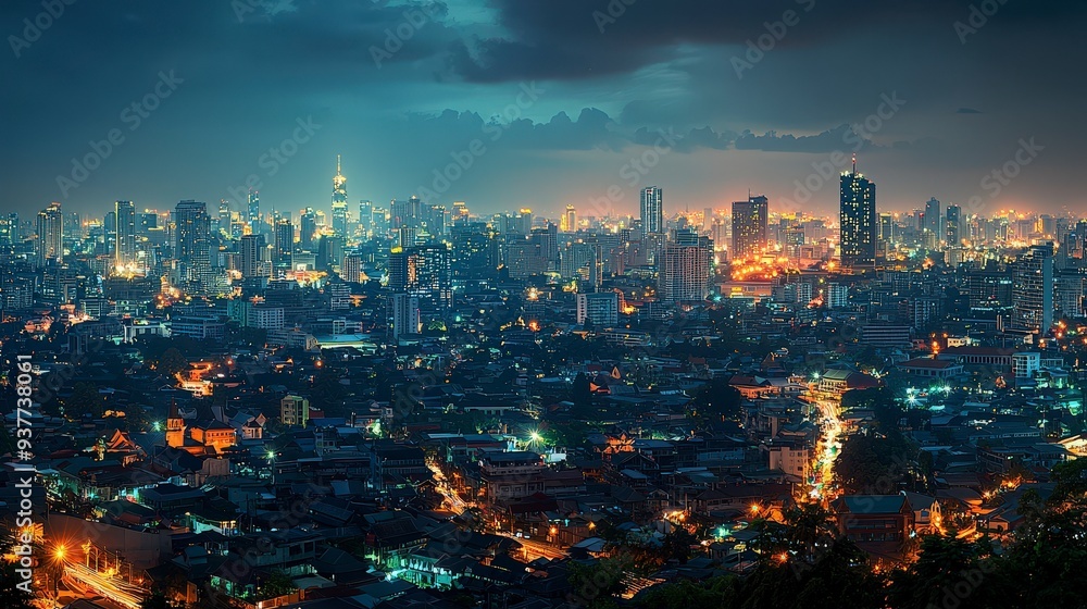 Obraz premium Panoramic night view of a sprawling metropolis illuminated by warm glowing city lights under a dark twilight sky.