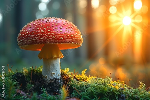 Bright forest clearing,beautiful sunlight and seasonal nature background with bokeh and short depth of field Close-up with space for text, close-up on wildlife nature mushrooms and green fresh leaves