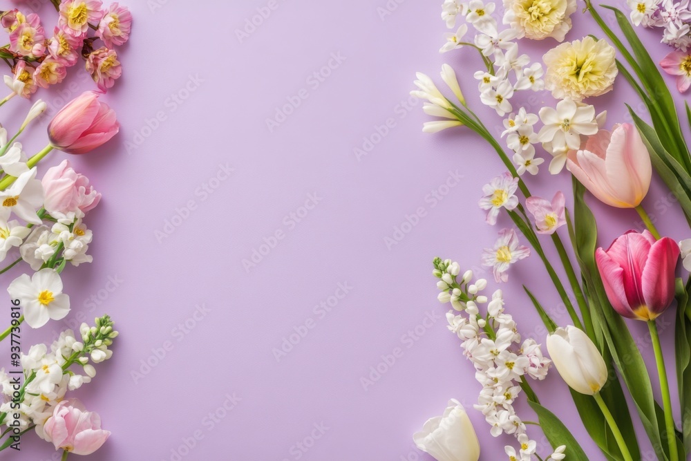 Spring Flower Flat Lay on a Pastel Purple Background Spring Flower Flat Lay on a Pastel Purple Background