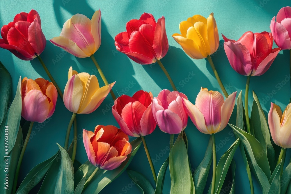 Close-Up of Colorful Tulips Against a Teal Background Close-Up of Colorful Tulips Against a Teal Background