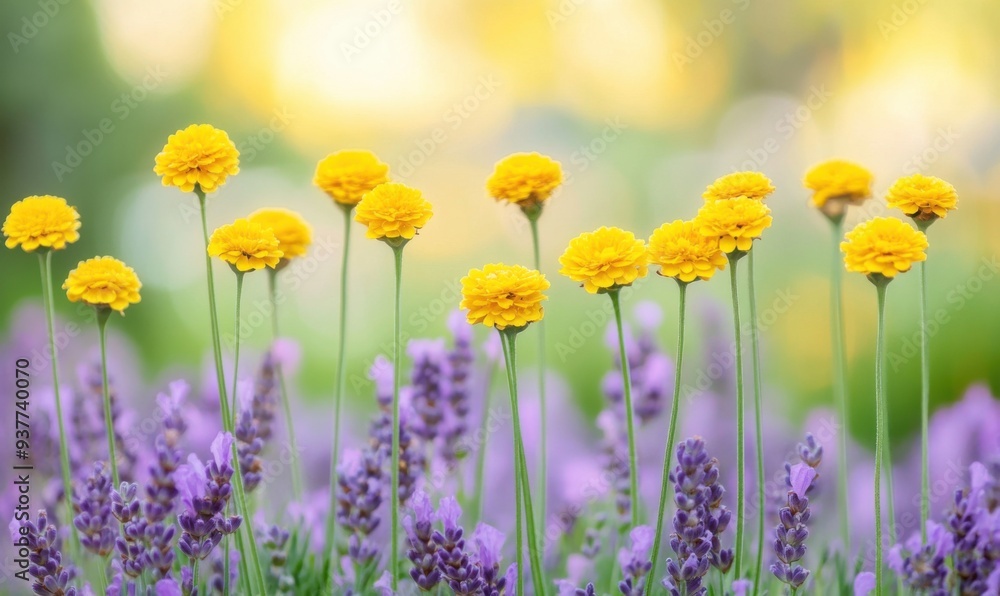 Fototapeta premium Vibrant Yellow Button Flowers in a Lavender Field
