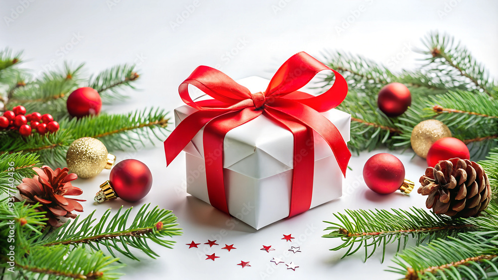 Fir branches with Christmas tree decorations and a Christmas gift on a white background.
Fir branches with Christmas tree decorations and a Christmas gift on a white background.