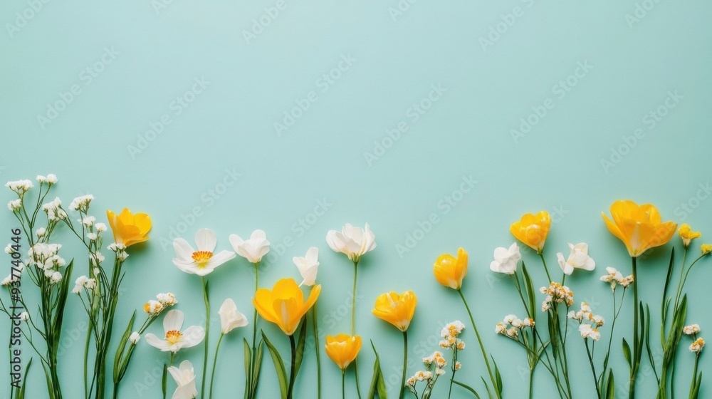 Fototapeta premium Vibrant Yellow and White Flowers on Mint Green Background
