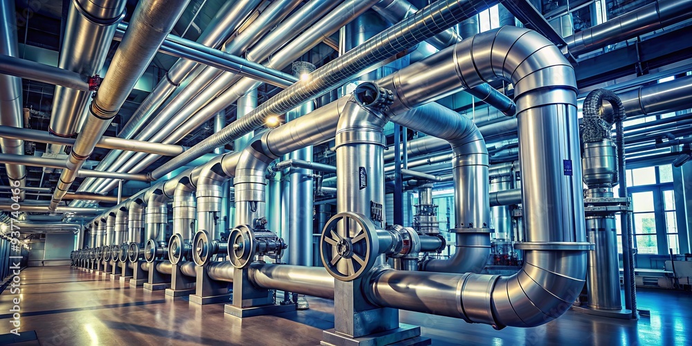 Fototapeta premium Industrial zone with steel pipelines and valves , manufacturing, industry, infrastructure, technology, pipes, metal