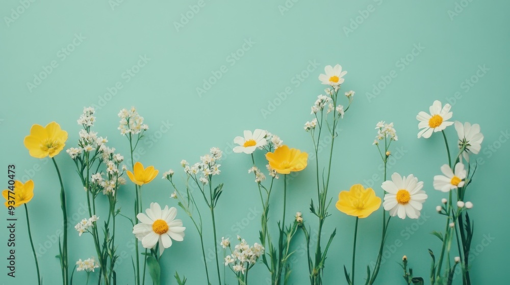 Vibrant Yellow and White Flowers on Mint Green Background Vibrant Yellow and White Flowers on Mint Green Background