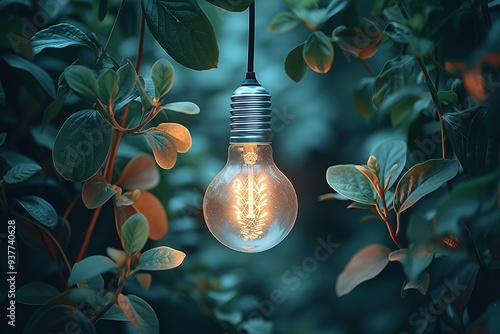 Eco friendly light bulb with plants green background, Renewable and sustainable energy