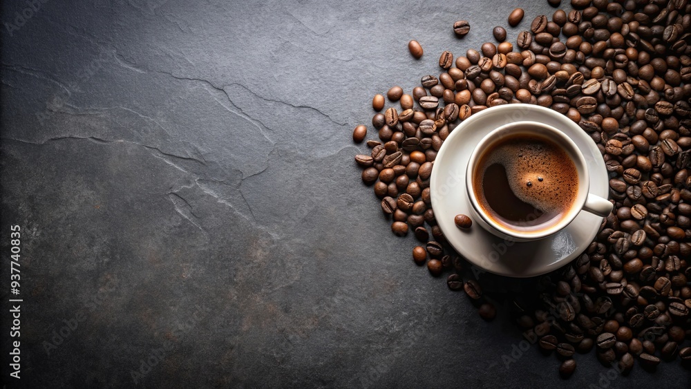 Coffee cup and coffee beans on stone table, coffee, cup, beans, stone, table, background, caffeine, morning, retro, rustic Coffee cup and coffee beans on stone table, coffee, cup, beans, stone, table, background, caffeine, morning, retro, rustic