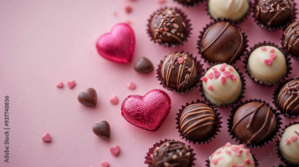 Valentine's Day chocolates, soft pink background, with copy space, editorial photography Valentine's Day chocolates, soft pink background, with copy space, editorial photography