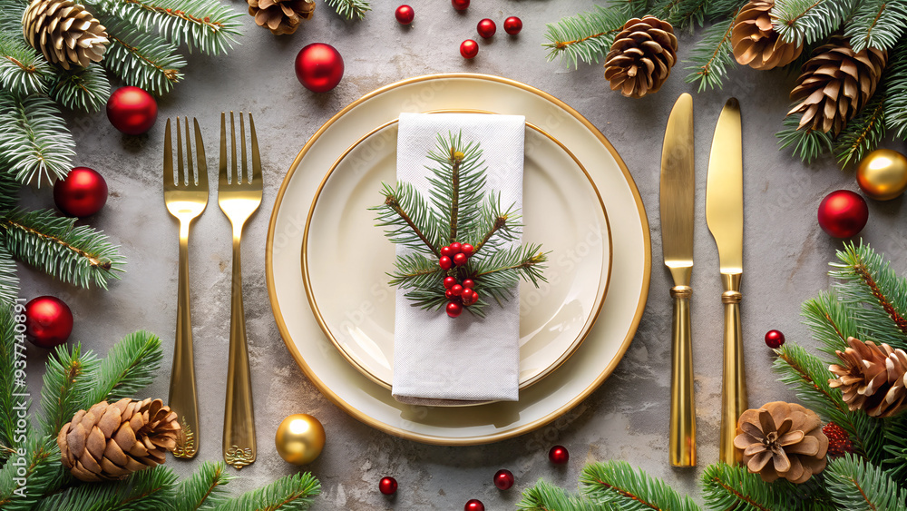 The festive Christmas table setting in the restaurant.
