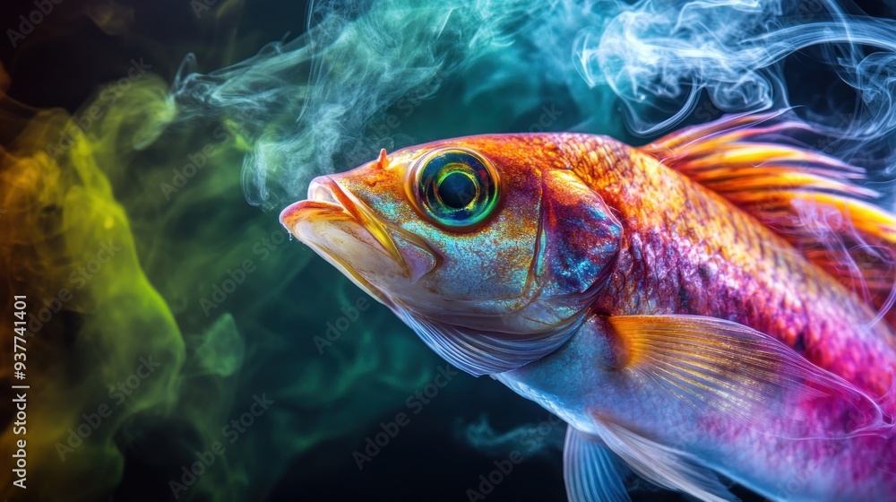 A colorful fish with smoke trails in the background A colorful fish with smoke trails in the background