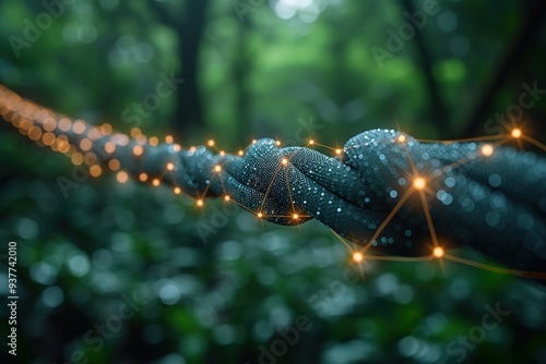 environment icons over the Network connection on nature background, Technology ecology concept Hand holding and protection with environment icons over the Network connection on nature background
