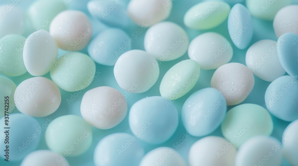Pastel-colored round candies with a shiny, possibly sugary coating. The candies are in shades of blue, green, and white Pastel-colored round candies with a shiny, possibly sugary coating. The candies are in shades of blue, green, and white