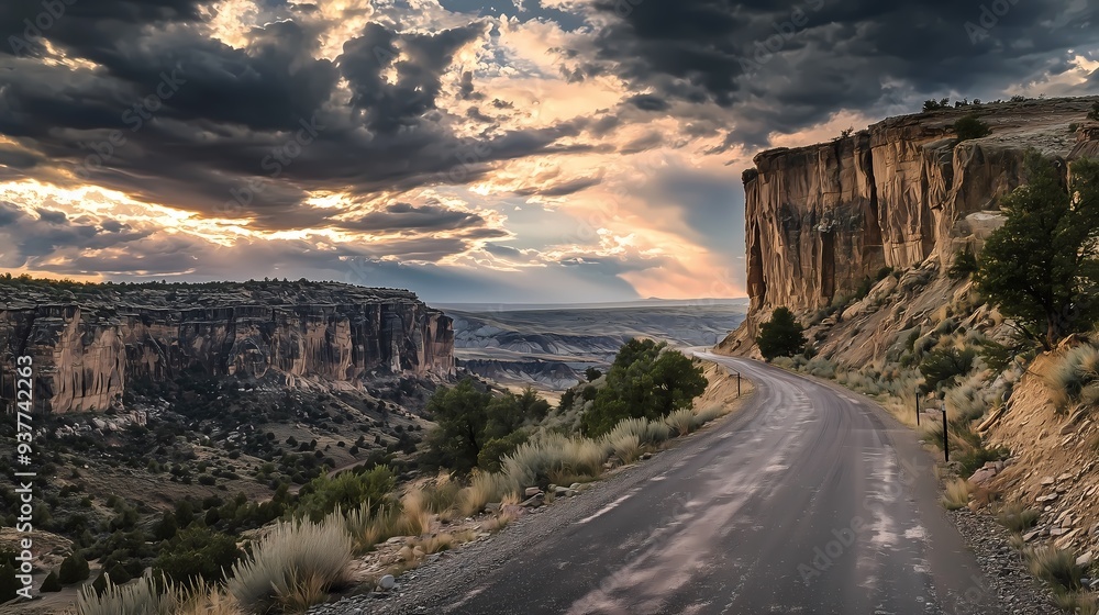 Fototapeta premium Sunset Over Mountain Range with Road Leading Through Grassland.