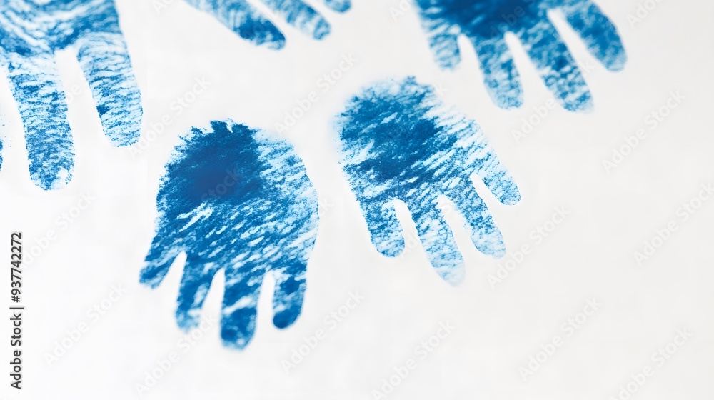Single blue ink handprint on pristine white paper, showcasing sharp and clear details. Ideal for representing concepts like crime investigation, identity, or personal hygiene Single blue ink handprint on pristine white paper, showcasing sharp and clear details. Ideal for representing concepts like crime investigation, identity, or personal hygiene