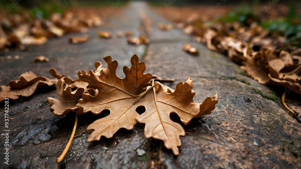 dry oak leaves scattered across a path dry oak leaves scattered across a path