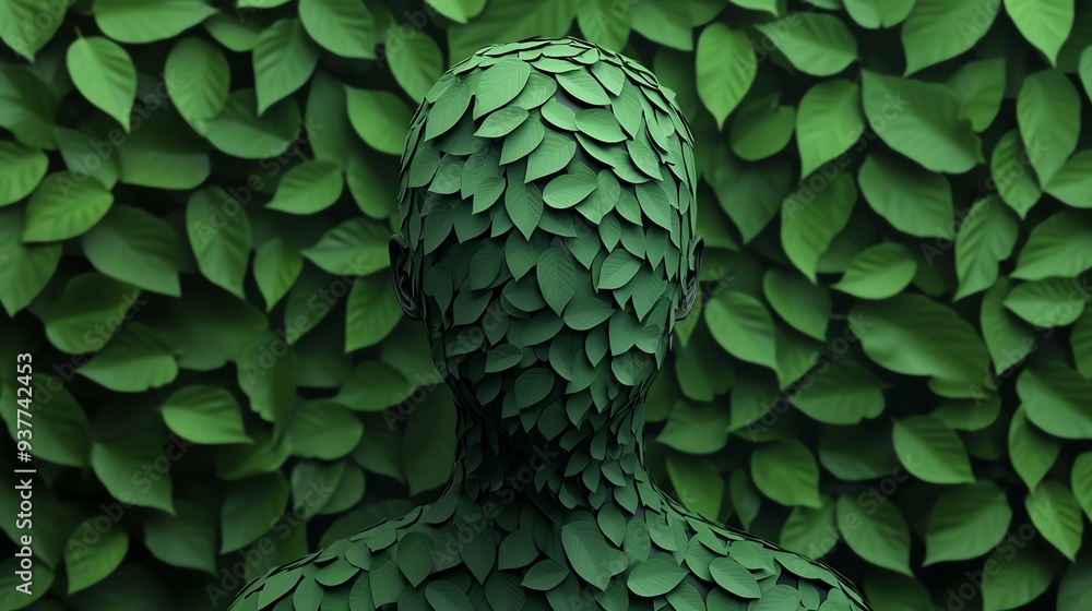 Abstract leaf patterns merging into a human figure, nature and humanity, 3D illustration Abstract leaf patterns merging into a human figure, nature and humanity, 3D illustration