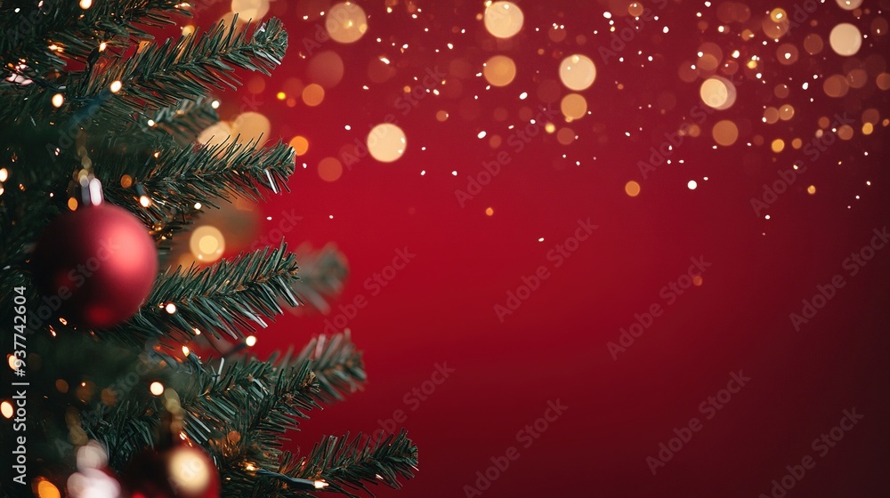 Christmas Tree Sparkles on Red Canvas with Bokeh Lights Christmas Tree Sparkles on Red Canvas with Bokeh Lights