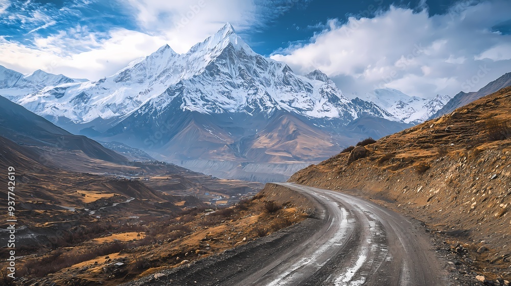Sunset Over Mountain Range with Road Leading Through Grassland. Sunset Over Mountain Range with Road Leading Through Grassland.