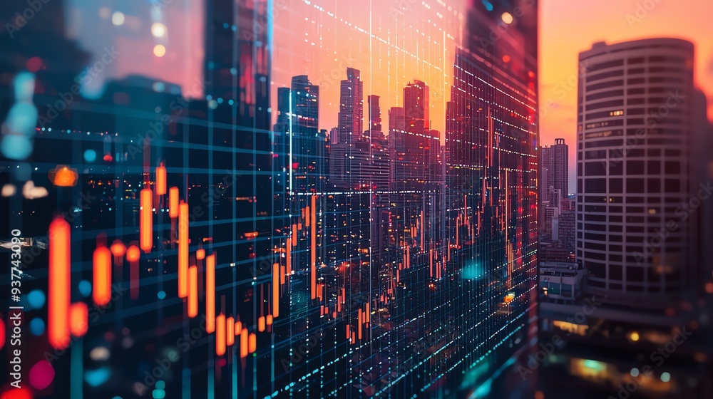 Fototapeta premium Dynamic urban skyline with a stock market graph overlay, capturing the essence of finance and business growth at sunset.