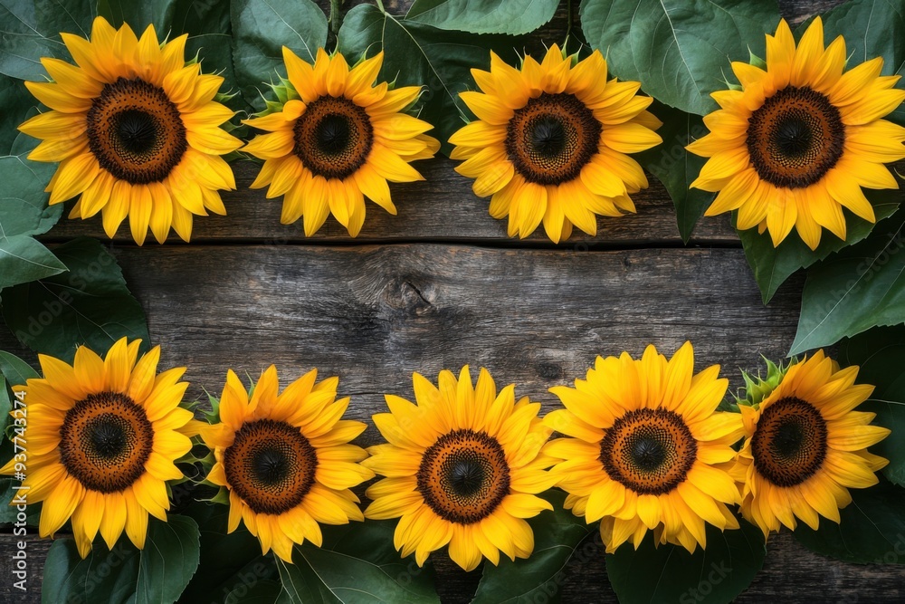 Sunflowers Arranged in a Frame on Rustic Wood Sunflowers Arranged in a Frame on Rustic Wood