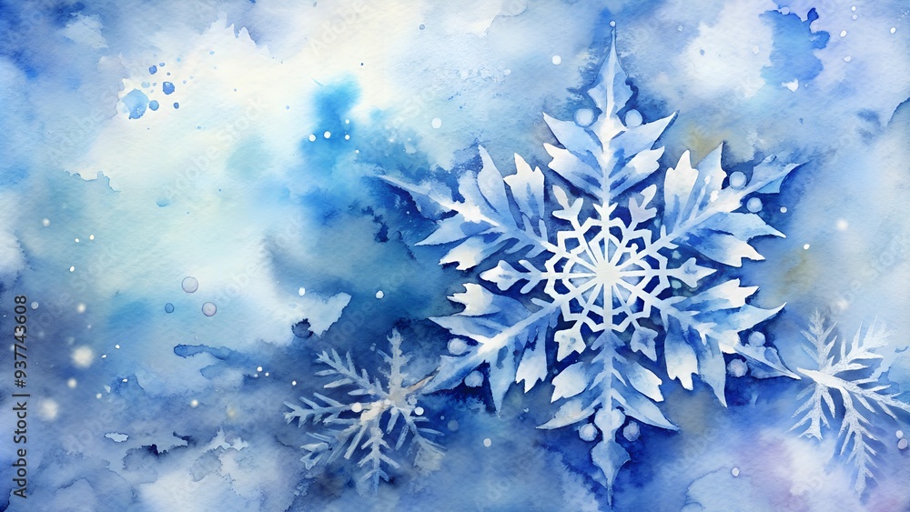 Elegant watercolor snowflake with intricate blue and white details floating in dreamy winter atmosphere Elegant watercolor snowflake with intricate blue and white details floating in dreamy winter atmosphere