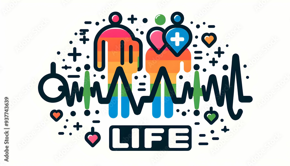 Obraz premium same sex parent Heartbeat with Life Text concept as An isolated vector of a heartbeat line with two icons representing same sex parents and the word Life in an energetic font. This design represents t
