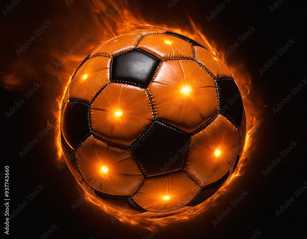 Fototapeta premium The soccer ball flies with lightning fast magical effects in a futuristic orange flame displaying a black background. Ai generated image