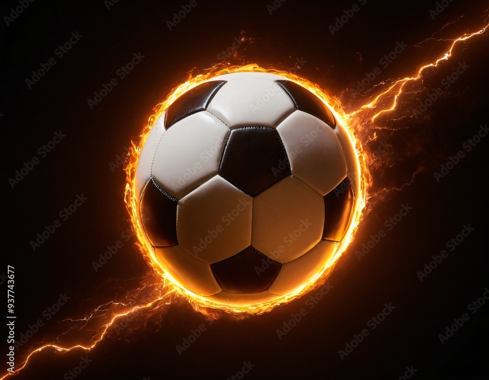 Fototapeta premium The soccer ball flies with lightning fast magical effects in a futuristic orange flame displaying a black background. Ai generated image 