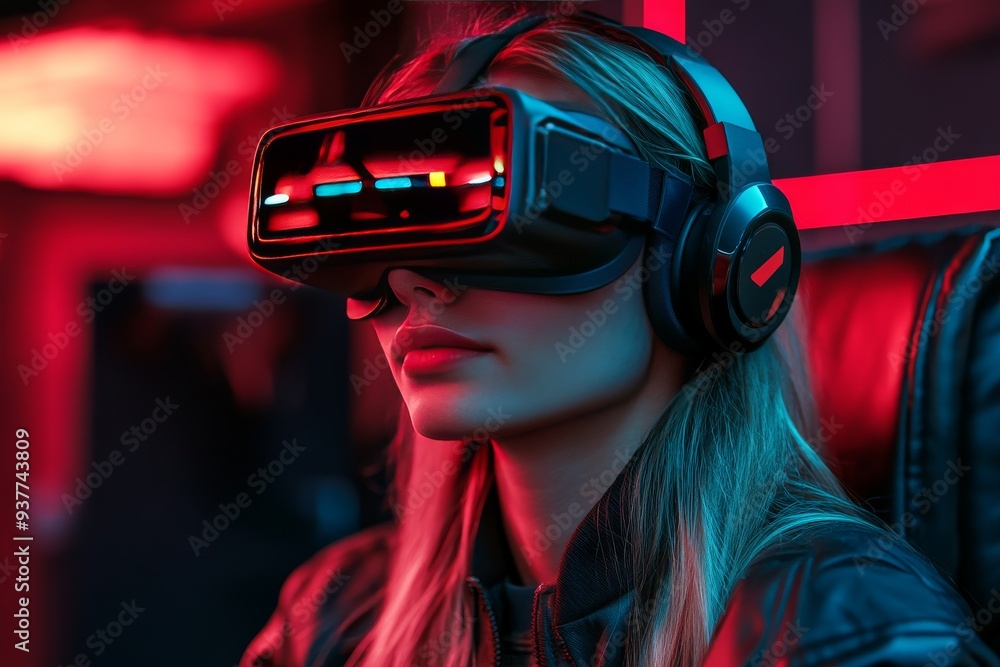 Portrait of a woman immersed in a digital world wearing a futuristic VR headset surrounded by glowing blue particles representing the limitless possibilities of advanced technology Portrait of a woman immersed in a digital world wearing a futuristic VR headset surrounded by glowing blue particles representing the limitless possibilities of advanced technology