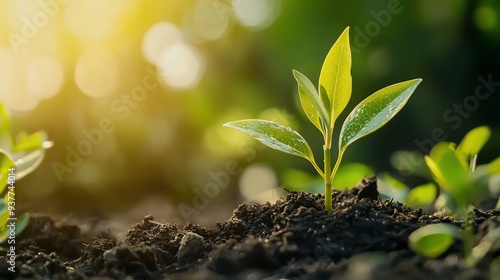 A close-up of a young green plant sprouting from dark soil, illuminated by soft sunlight, representing growth and new beginnings.