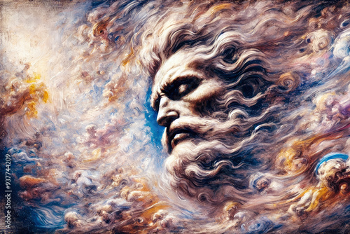 A cosmic depiction of a godlike figure with a powerful, swirling beard and hair, blending into a vibrant, celestial background. photo