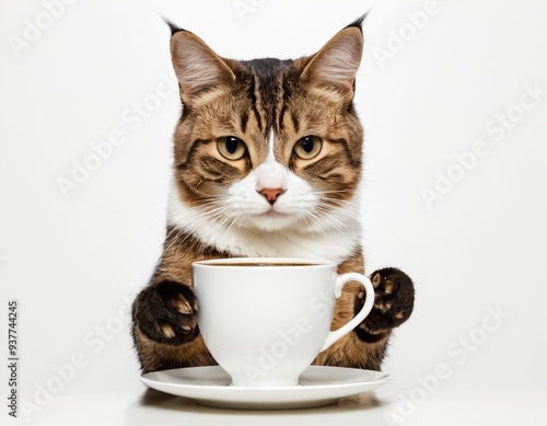 A gray cat wants to drink a cup of coffee. White background. Isolated. Ai generated image 