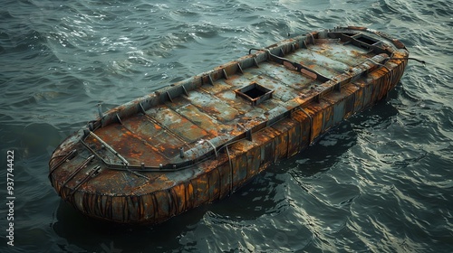 Aged metal barge floating on water transportation and industry concept