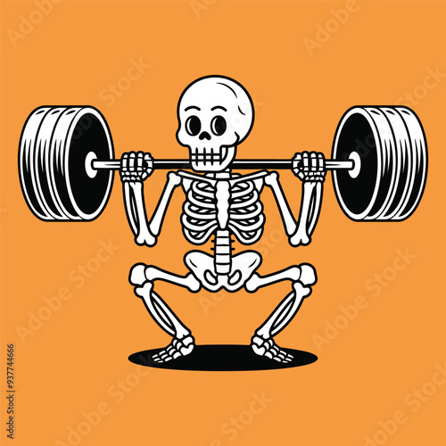 Skeleton Weightlifting with Barbell on Orange Background