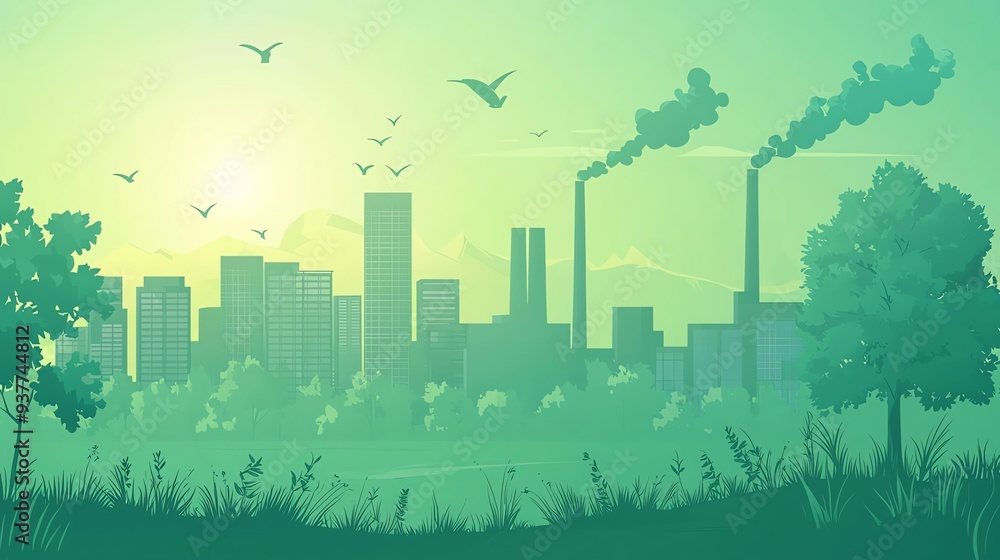 A serene cityscape featuring buildings, trees, and factories releasing smoke, captured in a calming green hue during sunset. A serene cityscape featuring buildings, trees, and factories releasing smoke, captured in a calming green hue during sunset.