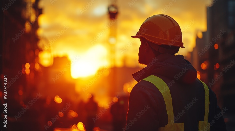 Construction worker wearing a hard hat and reflective vest is silhouetted against a vibrant sunset over a city skyline Construction worker wearing a hard hat and reflective vest is silhouetted against a vibrant sunset over a city skyline