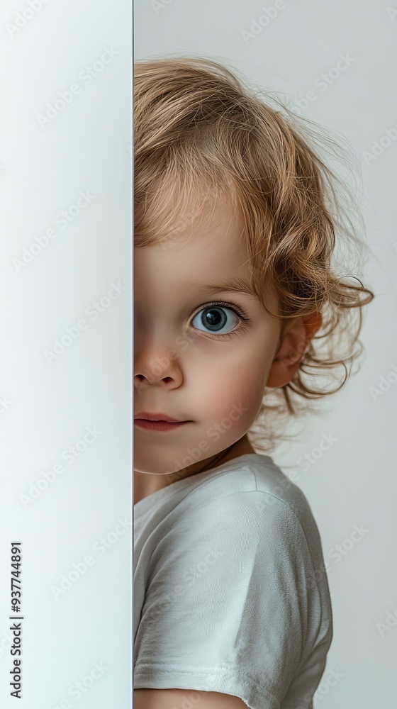 Blonde child peeking around a white wall with curiosity and innocence, exploring with creativity and imagination in a minimalist setting Blonde child peeking around a white wall with curiosity and innocence, exploring with creativity and imagination in a minimalist setting