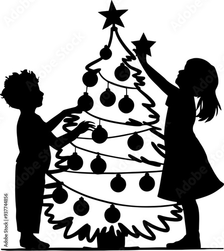 children decorating christmas tree silhouette