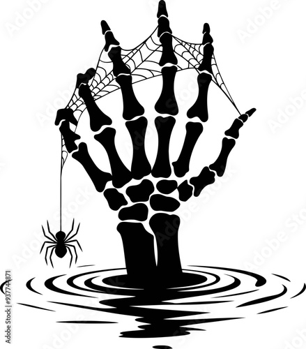 skeleton hand with spider and web rising from water illustration
