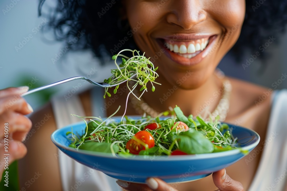 A joyful woman enjoying a fresh salad. Her smile reflects happiness and health. This image captures the essence of healthy eating in a vibrant way. Generative AI A joyful woman enjoying a fresh salad. Her smile reflects happiness and health. This image captures the essence of healthy eating in a vibrant way. Generative AI