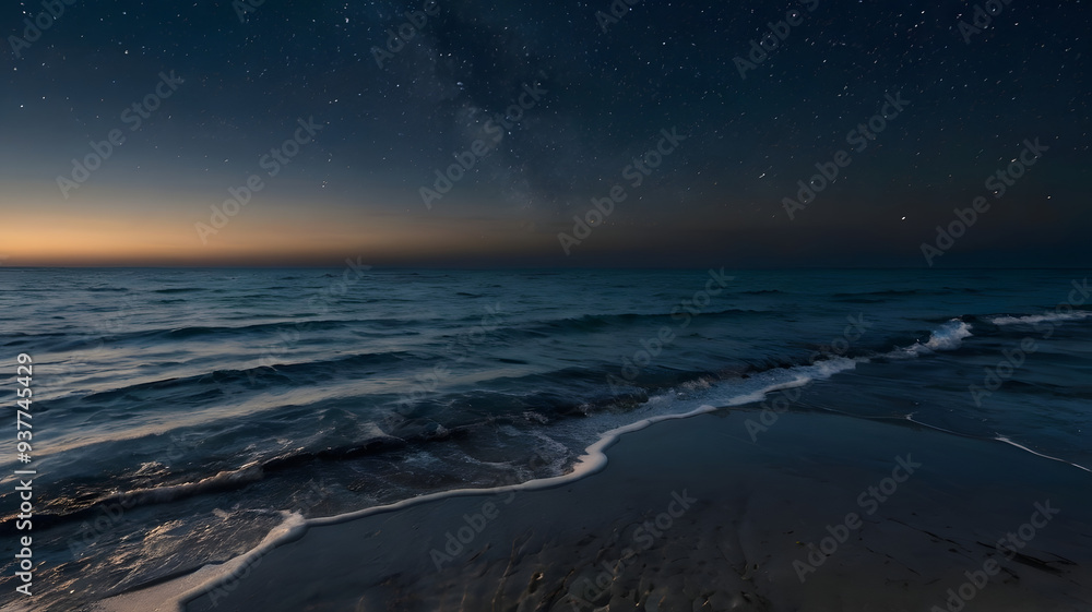 Fototapeta premium The image depicts a stunning sunset over the sea, with the warm orange glow of the sun reflecting on the calm water, clouds scattered across the sky, and gentle waves lapping at the shore